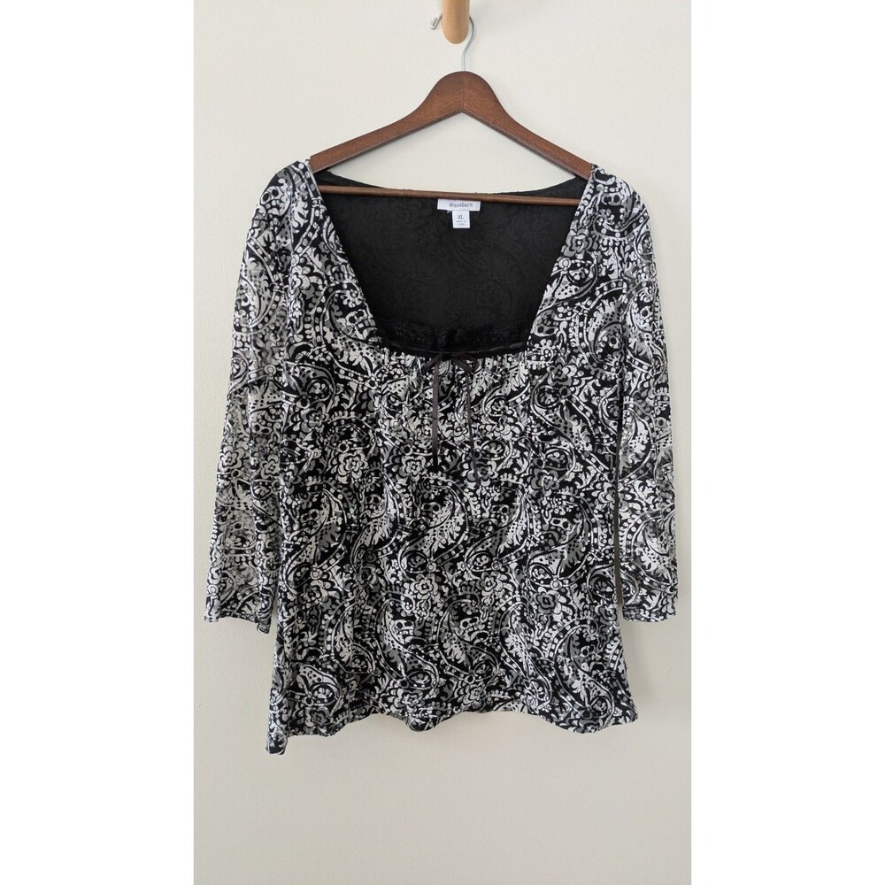 Dressbarn Square Neck Top XL Milkmaid Feminine Y2K Babydoll Lace Trim Mesh